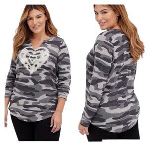 TORRID Waffle Knit Classic Top, Heart Camo Grey - Size 5X